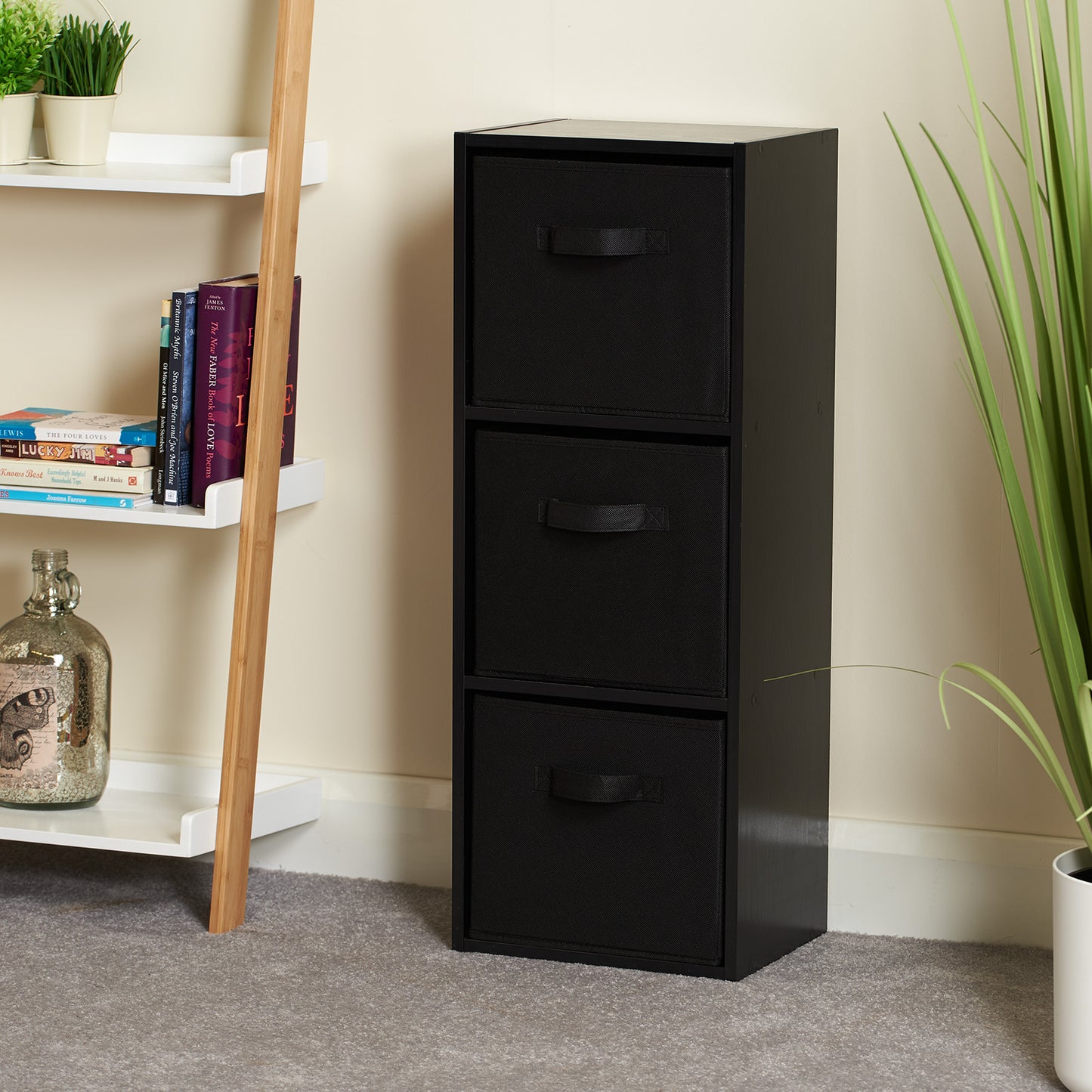 Hartleys Black 3 Tier Cube Storage Unit & 3 Handled Box Drawers