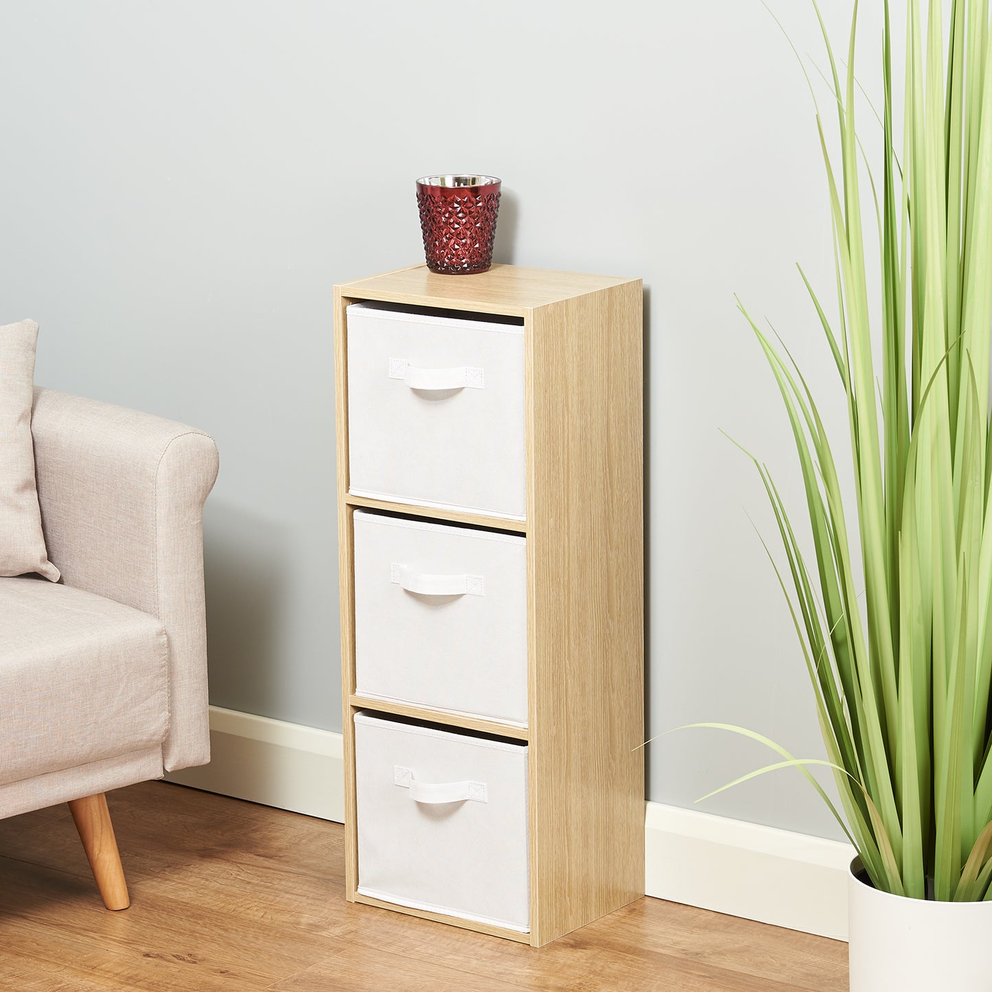 Hartleys Oak Effect 3 Tier Cube Storage Unit & 3 Handled Box Drawers