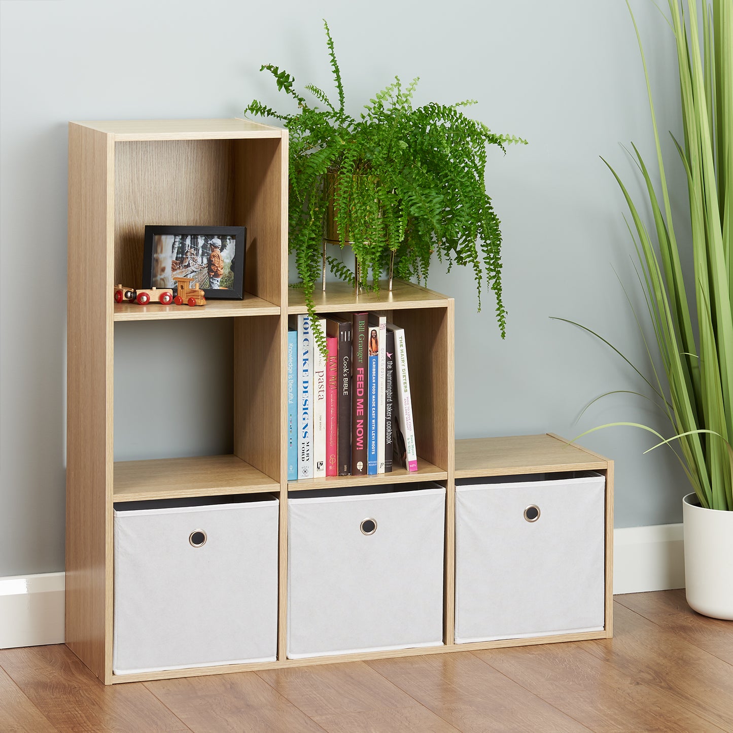 Hartleys Oak 6 Cube Shelving Unit & 3 Easy Grasp Box Drawers