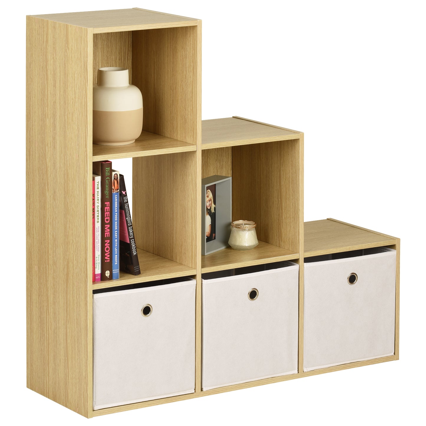 Hartleys Oak 6 Cube Shelving Unit & 3 Easy Grasp Box Drawers
