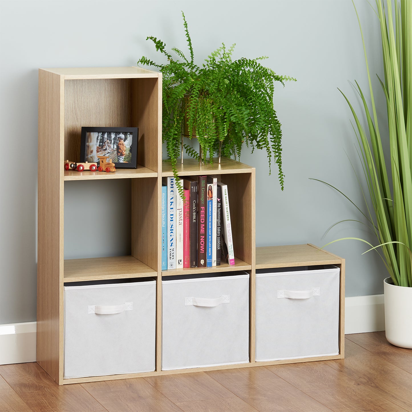 Hartleys Oak 6 Cube Shelving Unit & 3 Handled Box Drawers