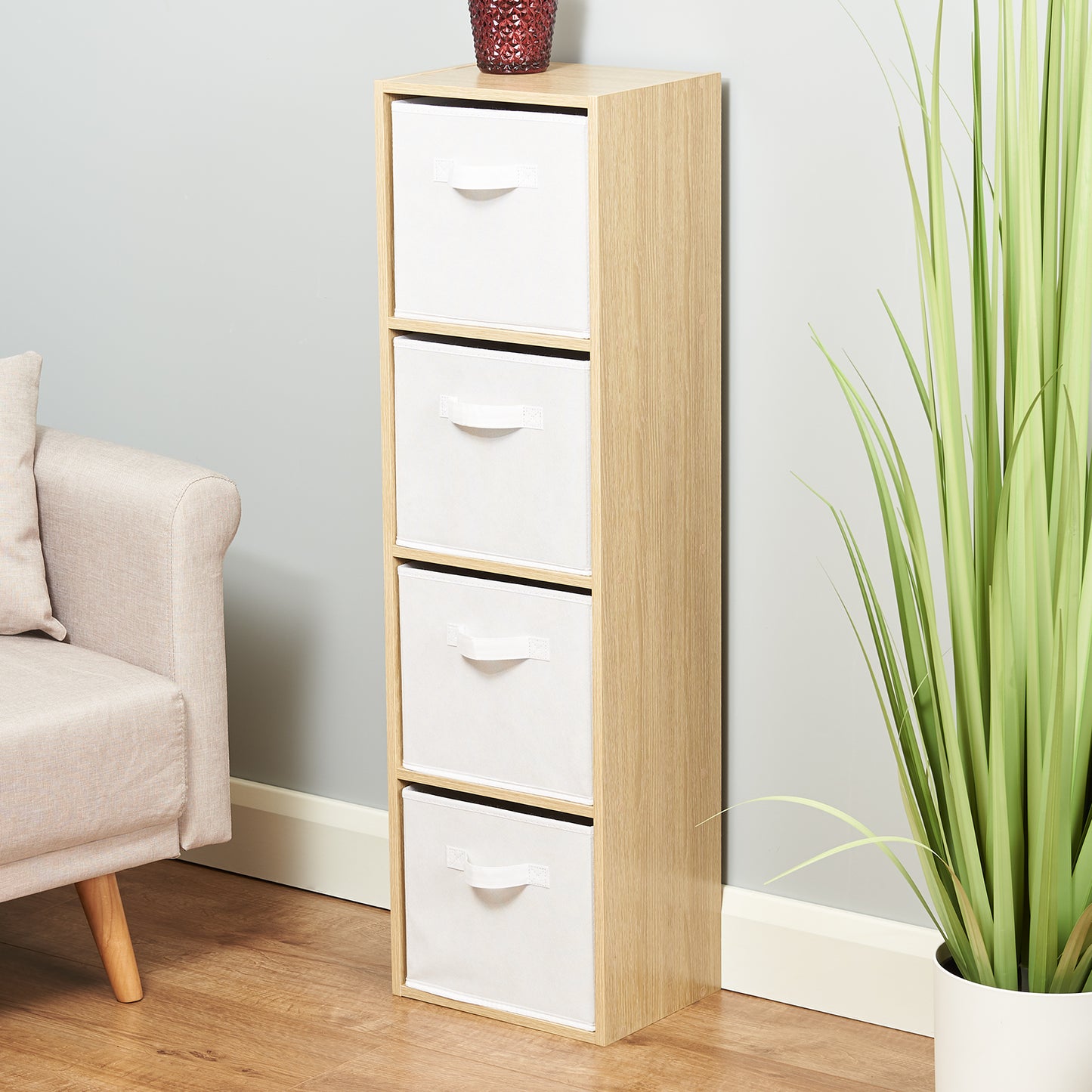 Hartleys Oak Effect 4 Tier Cube Storage Unit & 4 Handled Box Drawers